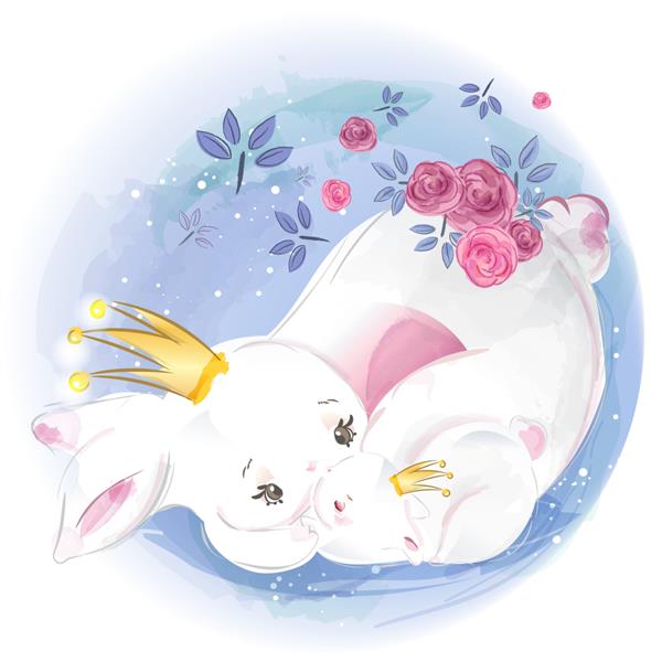 خرگوش حیوانی زیبای استوایی با آبرنگ روی شاخه ای با گل ها و برگ های استوایی نقاشی شده است
