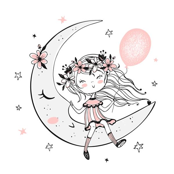 دختر ناز با بادکنکی که روی ماه نشسته است