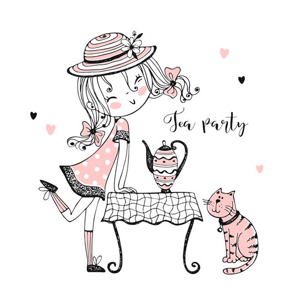 یک دختر ناز با کلاه شما را به چای با گربه اش دعوت می کند