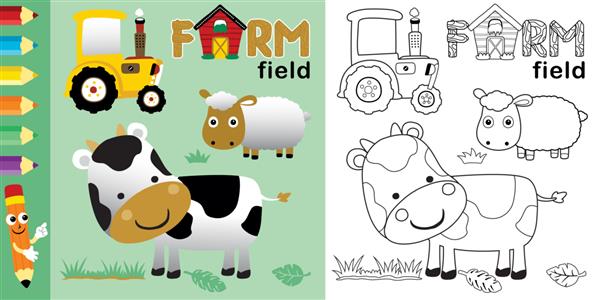 کارتون حیوانات دام با تراکتور زرد در مزرعه
