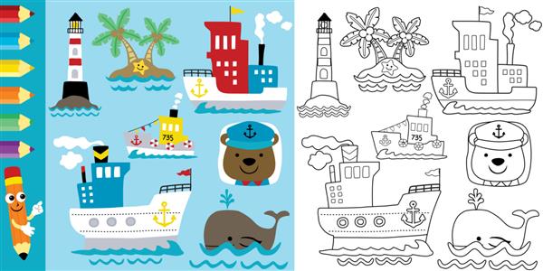 صفحه رنگ آمیزی کارتون تم قایقرانی با حیوانات خنده دار