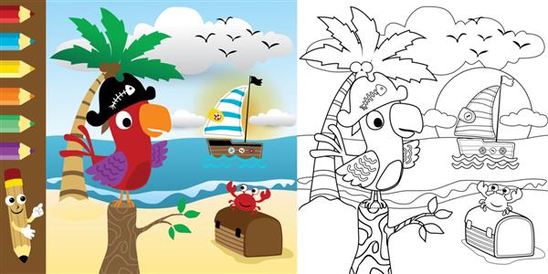 کتاب رنگ آمیزی با کارتون پرنده خنده دار در ساحل