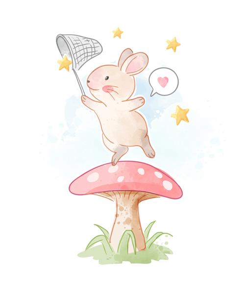 خرگوش کوچولو در حال گرفتن ستاره در تصویر قارچ