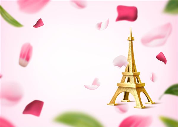 برج ایفل طلایی در زمینه گلبرگ و برگ های گل رز تار پس زمینه رمانتیک و قدیمی