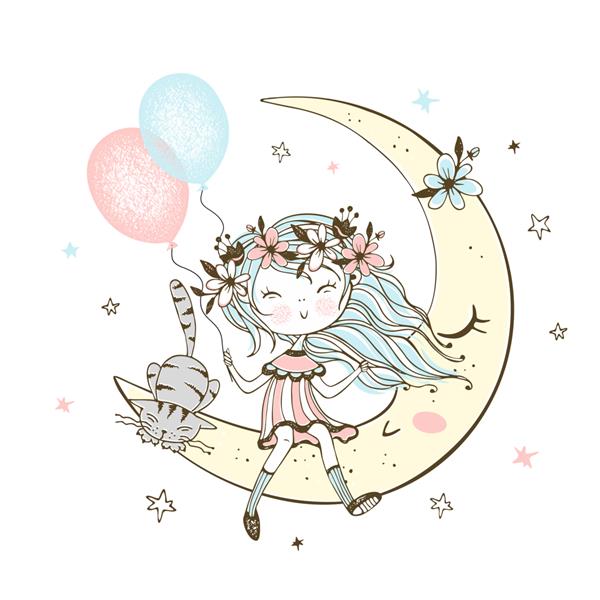 دختر ناز با بادکنک و گربه ای که روی ماه نشسته است