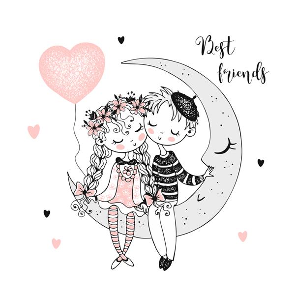 دختر و پسر ناز روی ماه نشسته اند بهترین دوستان