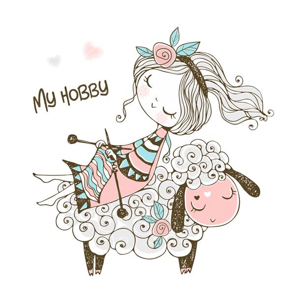 دختری بامزه روی گوسفندی نشسته و روسری می‌بافد