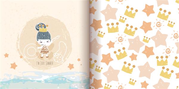 دودل طراحی مینیمالیستی الگوی بدون درز نقاشی شاهزاده خانم با طلای درخشان