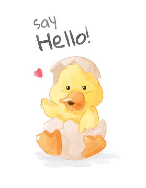 اردک کوچک کارتونی در تصویر تخم مرغ در حال جوجه ریزی