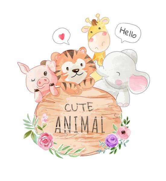 دوستی حیوانات کارتونی با تصویر تابلوی چوب