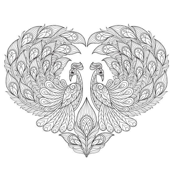 قلب طاووس تصویر طراحی دستی برای کتاب رنگ آمیزی بزرگسالان