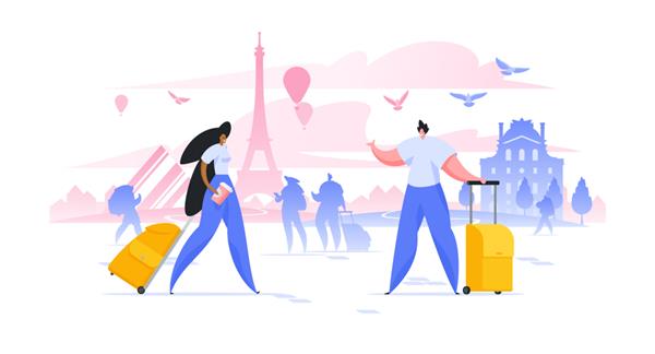 تعطیلات گشت و گذار در پاریس تصویر زن و مرد با چمدان در شهر اروپایی