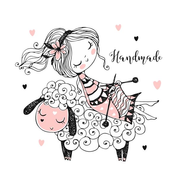 دختری بامزه روی گوسفندی نشسته و روسری می‌بافد