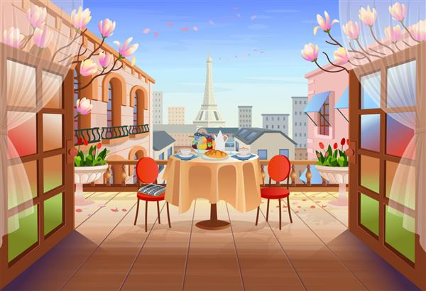 خیابان پانوراما پاریس با درهای باز میز با صندلی خانه های قدیمی برج و گل خروجی به تراس با تصویر نمای شهر از خیابان شهر به سبک کارتونی