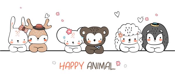 کاغذ دیواری کارتونی دودل تبریک خانواده حیوانات وحشی با دست زیبا در مد تابستانی
