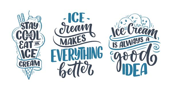 ست با ترکیبات حروف کشیده شده با دست در مورد بستنی شعارهای فصل خنده دار