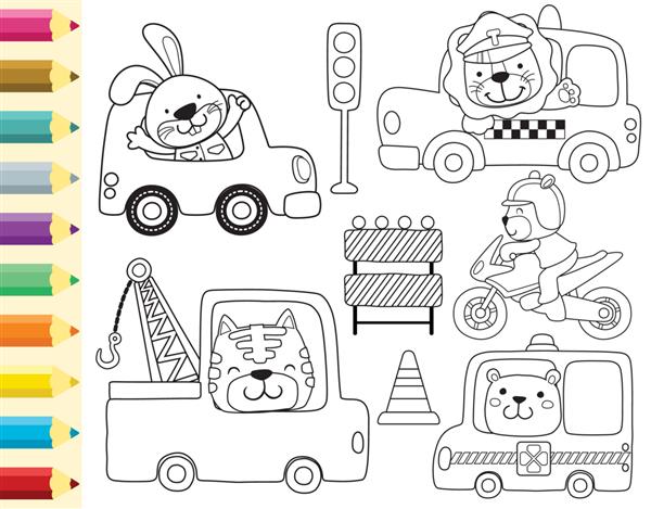 کتاب رنگ آمیزی با مجموعه کارتون حیوانات رانندگی وسیله نقلیه
