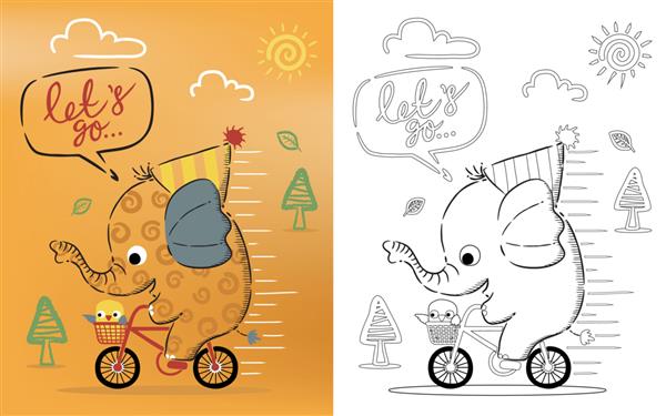 کتاب رنگ آمیزی کارتون فیل سواری دوچرخه با پرنده کوچک