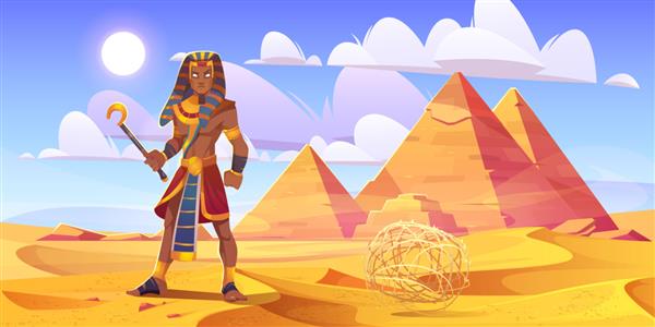 فرعون مصر باستان با میله در صحرا با اهرام تصویر کارتونی وکتور منظره با تپه های شنی زرد مقبره های فرعون شکل پادشاه مصر و تابل ویید