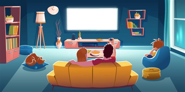 خانواده نشستن روی مبل و تماشای تلویزیون در اتاق نشیمن در عصر تصویر کارتونی فضای داخلی اتاق استراحت با نمای عقب زوج روی مبل پسر روی صندلی و صفحه تلویزیون درخشان