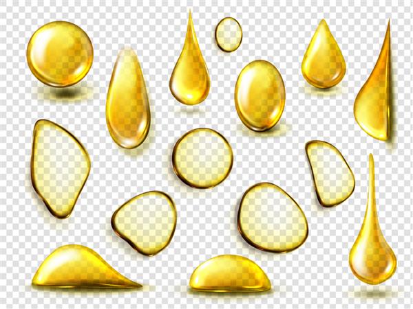 قطرات طلایی و لکه های روغن یا عسل جدا شده در زمینه شفاف ماکت واقع گرایانه از قطره های طلای مایع روغن های ارگانیک آرایشی یا غذایی نمای بالای گودال های زرد شفاف