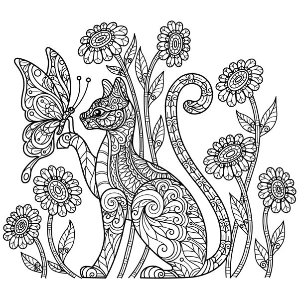 گربه و پروانه تصویر طراحی دستی برای کتاب رنگ آمیزی بزرگسالان