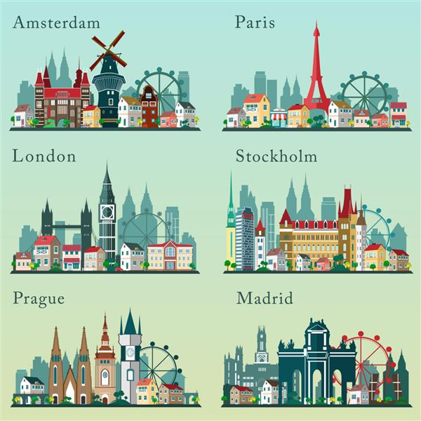 مجموعه افق شهرها مناظر مسطح مناظر شهری شهرهای اروپایی