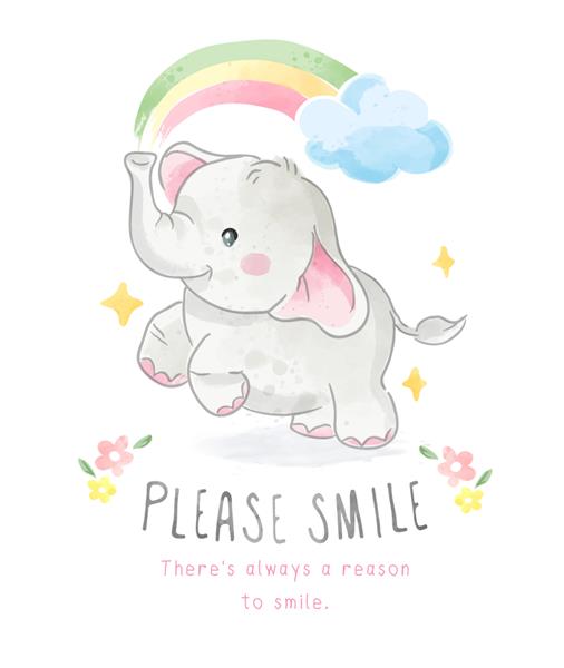 لطفا شعار لبخند بزنید با تصویر فیل کوچک و رنگین کمان