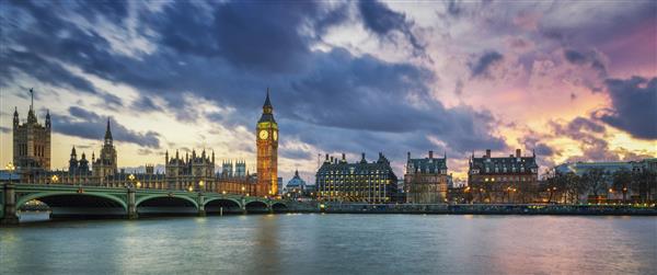 نمای پانوراما بیگ بن در لندن در غروب آفتاب انگلستان