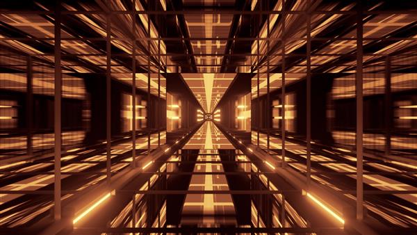 تصویر سه بعدی 4k uhd از راهرو هندسی متقارن با دیوارهای شیشه ای که با نور نئون طلایی روشن شده است