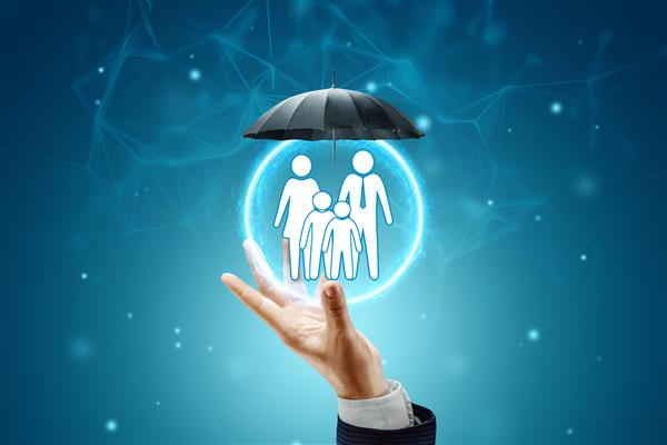 چتر از چهره های خانواده سفید محافظت می کند مفهوم محافظت از خانواده