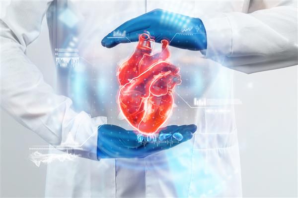 پزشک به هولوگرام قلب نگاه می کند نتیجه آزمایش را در رابط مجازی بررسی می کند و داده ها را تجزیه و تحلیل می کند بیماری قلبی انفارکتوس میوکارد فناوری های نوآورانه پزشکی آینده