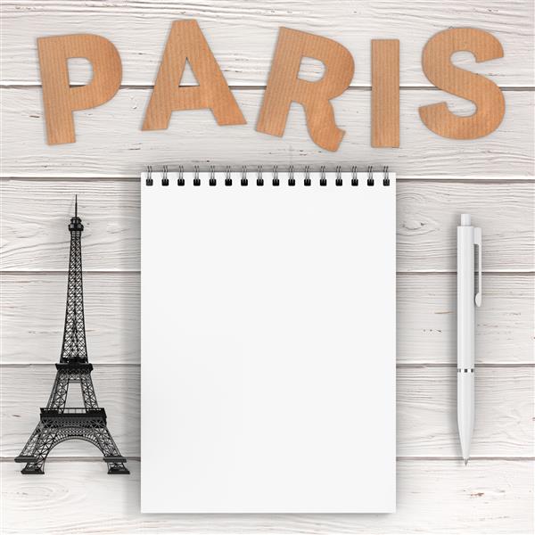 تابلوی مقوایی پاریس با برج ایفل خودکار و دفترچه‌ی خالی با فضای خالی برای طراحی شما روی میز چوبی از نمای نزدیک رندر سه بعدی