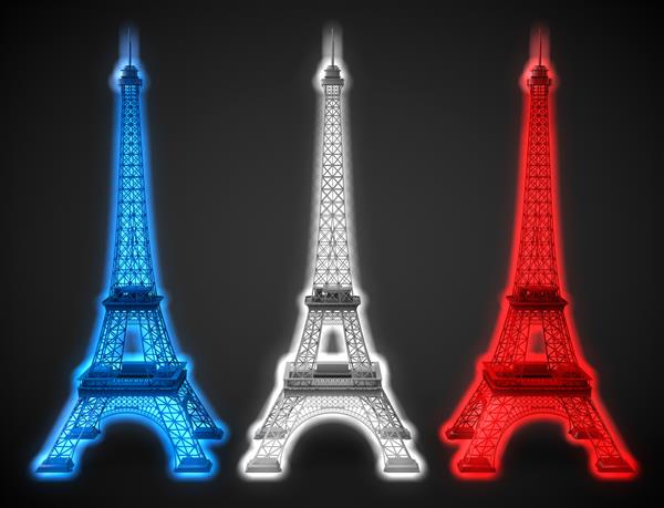 سه برج ایفل به رنگ پرچم فرانسه در زمینه سیاه می درخشند