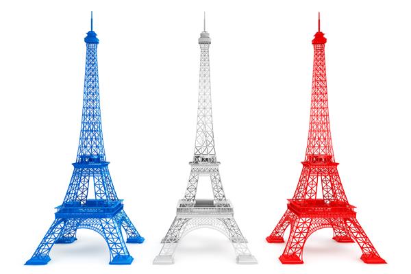 سه برج ایفل در رنگ های پرچم فرانسه در زمینه سفید