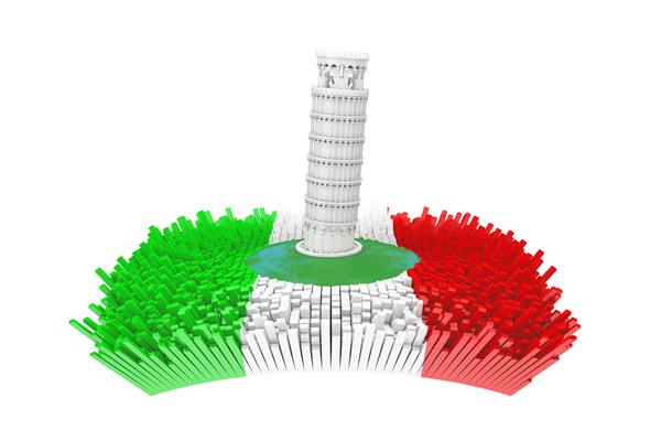 مفهوم ایتالیا برج پیزا کج سفید انتزاعی در مرکز شهر انتزاعی ایتالیا با پرچم ایتالیا و بسیاری از ساختمان های انتزاعی در پس زمینه سفید رندر سه بعدی