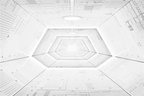 فضای داخلی راهروی سفینه فضایی علمی تخیلی آینده‌نگر با پانل‌های نورانی از نمای نزدیک رندر سه بعدی