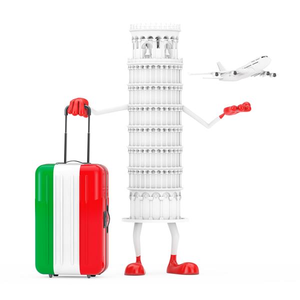 مفهوم سفر به ایتالیا کارتونی سفید که فرد برج پیزا کج شده با چمدان به عنوان پرچم ایتالیا و هواپیمای مسافربری جت سفید روی پس‌زمینه سفید رندر سه بعدی