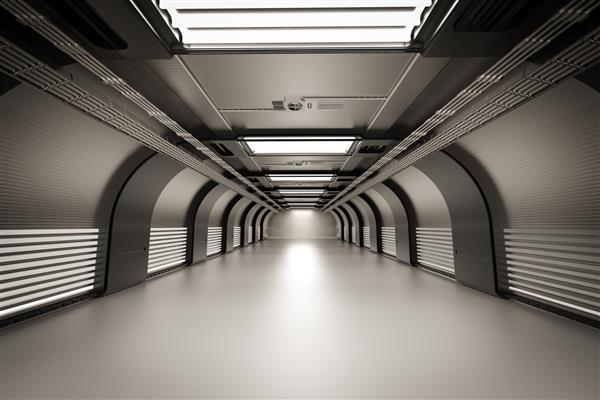 رندر سه بعدی داخلی کارخانه تونل تمیز و خالی