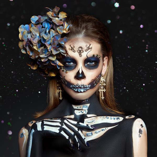 اسکلت زیبایی هالووین آرایش صورت زن بوکه زرق و برق لباس هالووین مرگ دختر روز مرگ کالورا کاترینای جذاب و خطرناک