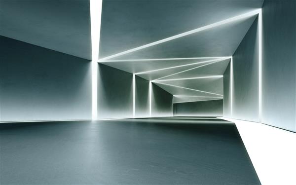 طراحی داخلی انتزاعی رندر سه بعدی نمایشگاه مدرن با پس زمینه راهروی بتنی