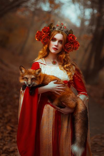 زن جوانی با لباس قرمز قرون وسطایی با روباه
