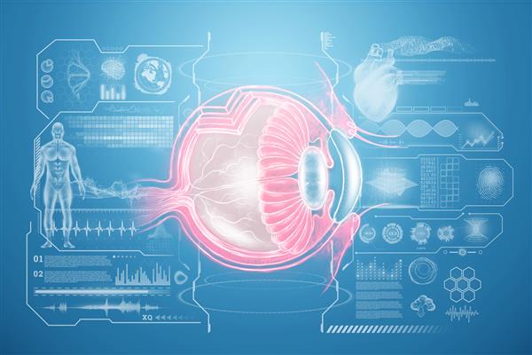 هولوگرام واقعی چشم انسان با نشانگرهای پزشکی مفهوم بینایی جراحی لیزر چشم کاتتراکت استگماتیسم چشم پزشک مدرن تصویر سه بعدی رندر سه بعدی