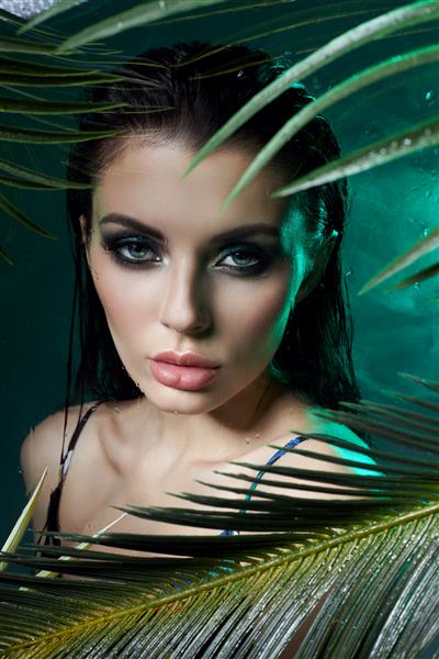 زن زیبایی با آرایش مرطوب برگ خرما دختر پرتره گرمسیری با لباس شنا سبز در شاخه های درخت نخل در استودیو دود و قطرات باران روی شیشه زن زیبا با آرایش سبز روشن