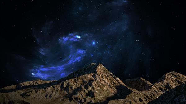 مناظر کوهستانی کهکشان های کیهانی فوق العاده ستاره سیارات و سحابی ها غروب خورشید و آسمان شب غیر واقعی عکس پانوراما کوه ها رندر سه بعدی