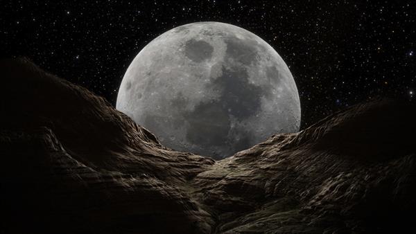 منظره کوه ماه کهکشان های کیهانی فوق العاده ستاره سیارات و سحابی ها غروب خورشید و آسمان شب غیر واقعی عکس پانوراما کوه ها رندر سه بعدی