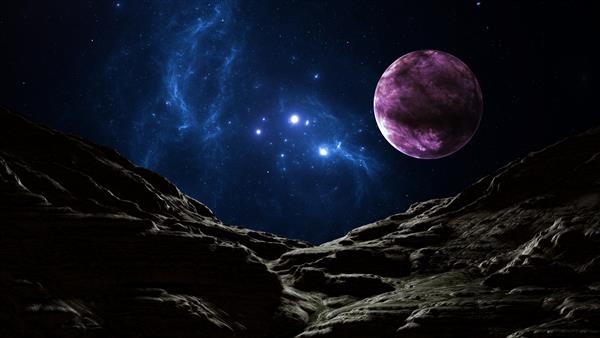 سیاره کوه چشم انداز فوق العاده کهکشان کیهان ستاره سیارات و سحابی ها غروب خورشید و آسمان شب غیر واقعی عکس پانوراما کوه ها رندر سه بعدی