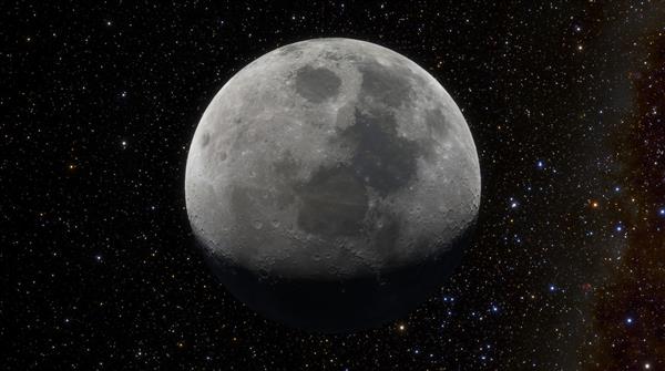 ماه در فضای بیرونی در برابر پس زمینه ستارگان سیارات کهکشان ها و سحابی ها دهانه های سطحی ماهواره ماه رندر سه بعدی
