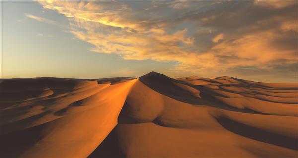 پانوراما از تپه های شنی صحرای صحرا در غروب آفتاب تپه های بی پایان از شن های زرد منظره بیابانی امواج ماسه ای طبیعت