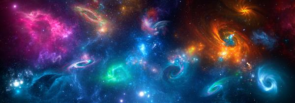 صحنه فضایی پانوراما با سیارات ستاره ها و کهکشان ها قالب بنر بسیاری از سحابی ها و کهکشان ها در فضا سال های نوری دورتر جهان عمیق ساختار در مقیاس بزرگ به صورت سه بعدی ارائه شده است